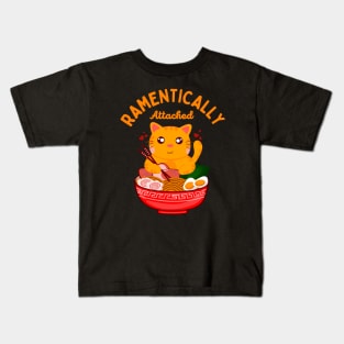 Ramentically Attached - Funny Kawaii Orange Cat Eating Ramen Noodles Kids T-Shirt